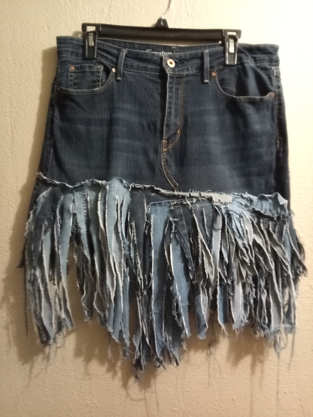 Signature by Levi Strauss Dark Blue Denim Fringe Mini Skirt Upcycled